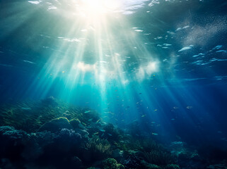 Ocean sunlight in the water, atmospheric environment, vibrant. Generative Ai Illustration.
