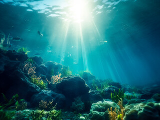 Fototapeta premium Ocean sunlight in the water, atmospheric environment, vibrant. Generative Ai Illustration. 
