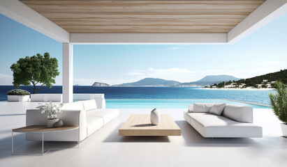 Fototapeta na wymiar Luxury terrace of seaside resort with white furniture and pool. Travel concept. generative ai