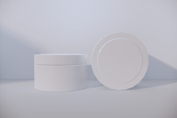 White blank glossy cosmetic plastic jar mock up template on isolated white background, cosmetic container for body cream, gel, butter, bath salt, skin care, powder. 3D illustration