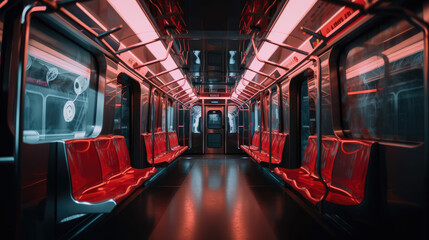 Brightly light empty subway car with red seats for presentation, Generative AI 