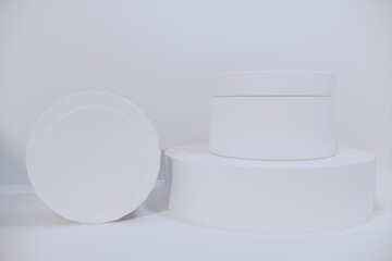 White blank glossy cosmetic plastic jar mock up template on the podium isolated white background, cosmetic container for body cream, gel, butter, bath salt, skin care, powder. 3D illustration