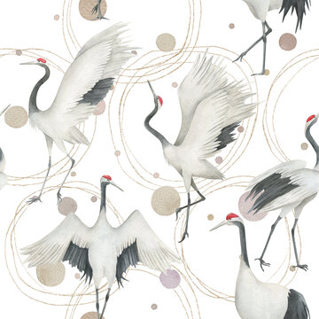 Watercolor seamless pattern with cranes, golden shapes and rounds. Hand drawn  illustration on white background. Vintage print