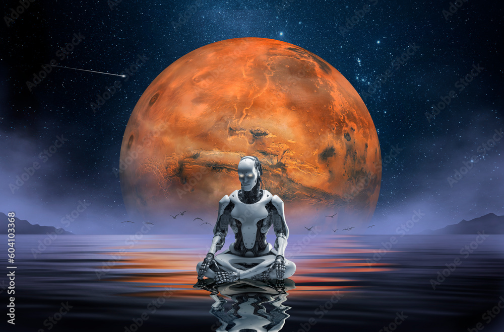 Wall mural robot meditating in front of the planet mars. ai generative