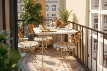 Fototapeta premium Modern cozy balcony, classic interior design with pastel colors and animal leopard print. Super photo realistic background, generative ai illustration