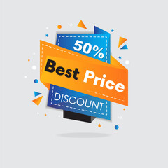 Sale up to 50 percent off special offer tag label. Best Prize blue and yellow discount tag.
