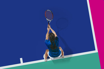 Collage. Top view image of young girl, tennis player in motion, training, playing against multicolored court. Sport lessons. Concept of sport, active lifestyle, competition, action and motion
