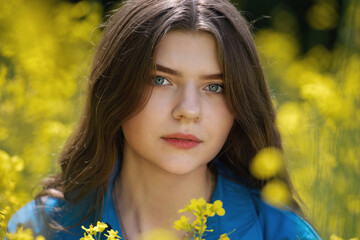 Portrait of a beautiful young woman surrounded by canola flowers.