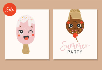 Cute ice cream dessert vector, Ice cream with face, Happy dessert vector, Hello Summer banner, Kids funny illustration