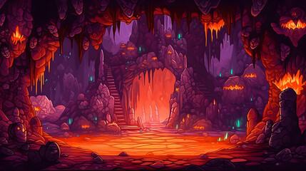 Obraz na płótnie Canvas RPG Gaming Battle Scene Volcano Dungeon in Pixel 8bits 16bits 32 bits Style