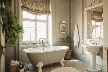 Modern cozy bathroom, classic interior design with pastel colors and animal leopard print. Super photo realistic background, generative ai illustration