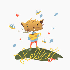 Cute kitten with a cup of tea and cakes in vector.
Smiling kitten with a cup of tea.