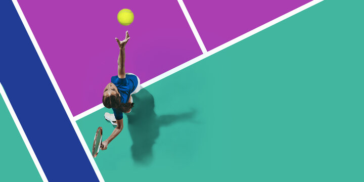 Collage. Top view image of young girl, tennis player in motion, training, playing against multicolored court. Serving ball with racket. Concept of sport, active lifestyle, competition, action, motion