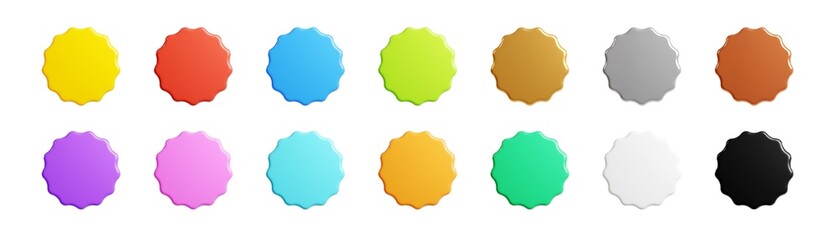 Starburst sticker 3d render set - collection of round sun burst or star shape badges for promo.