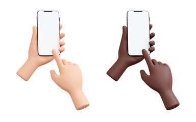 Hand holding mobile phone 3d render illustration set - human hand with telephone with empty screen.