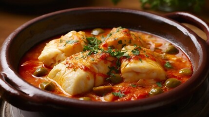 Bacalao a la Vizca&iacute;na, Basque-style Cod with Tomato and Red Pepper Sauce, generative AI