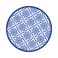 Porcelain plate with traditional blue on white design in Asian style. design pattern for background, plate, dish, bowl, lid, tray, salver, vector illustration art embroidery. dot and geometric flower.