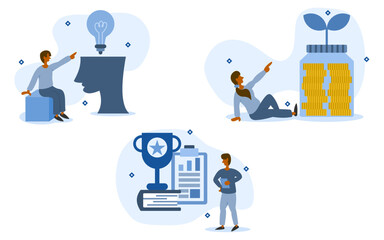 startup idea illustration set. characters come up with new business idea and study. business grows to success and high profit. startup business innovation concept. vector illustration. 