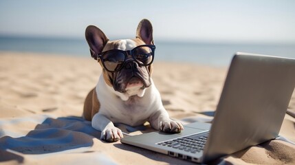 Dog with sunglas laying relaxed on a sunbed at the beach with a laptop, generative AI