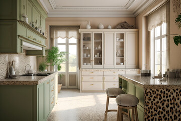 Modern cozy kitchen, classic interior design with pastel colors and animal leopard print. Super photo realistic background, generative ai illustration