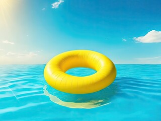 Fototapeta na wymiar Yellow inflatable ring in blue waterpool summer background. ai generative