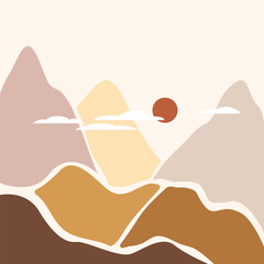 Landscape natural mountain in trendy flat style. Abstract plants, leaves, river and mountains. Background for banner, postcard, poster, advertisement in trendy earth colors.