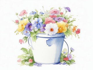 watercolor flowers pot on white background. ai generative