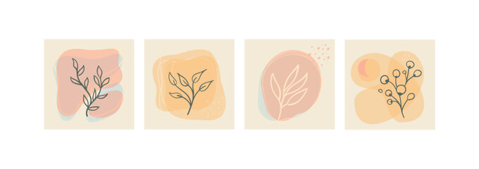 Set of abstract foliage wall art. Leaves, organic shapes, leaf branch, tree in vector line art style. Decoration collection design for interior, poster, cover, banner.