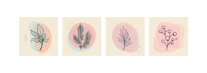 Set of abstract foliage wall art. Leaves, organic shapes, leaf branch, tree in vector line art style. Decoration collection design for interior, poster, cover, banner.