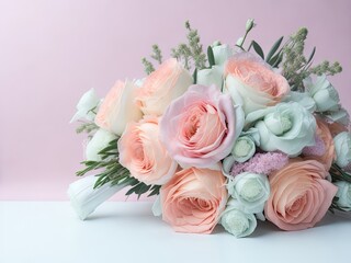 Obraz na płótnie Canvas beautiful wedding bouquet in pastel colors on pastel background. ai generative