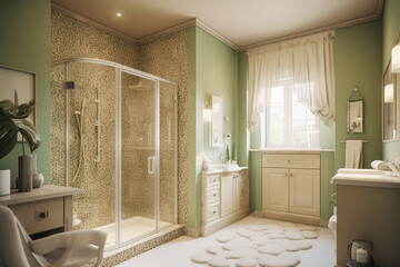 Modern cozy bathroom, classic interior design with pastel colors and animal leopard print. Super photo realistic background, generative ai illustration