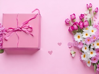 gift box with flowers and hearts on a pastel background. ai generative