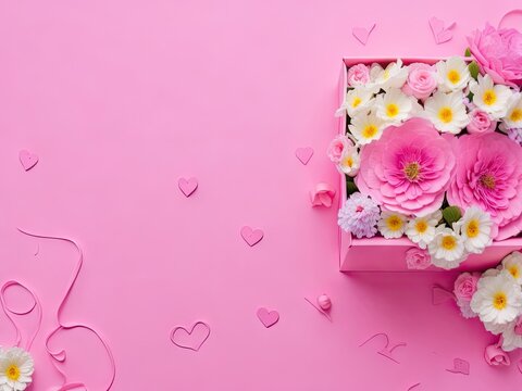 gift box with flowers and hearts on a pink background. copy paste, copy space. ai generative