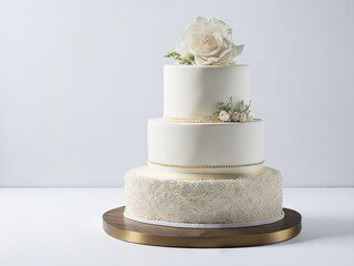 Obraz na płótnie Canvas tiered wedding cake on a golden stand on white background. ai generative