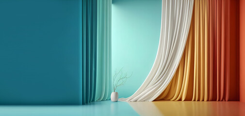 Pastel turquoise blue green empty wall in room with coloured silk curtain drapes. Mock up Template for product presentation. Living, gallery, studio, office concept. 