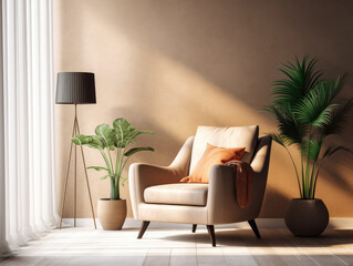 Comfortable armchair in modern living room with plants. dark lighting. ai Generative AI