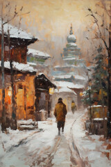 Snowy street scene in winter in an old small village in Asia, oil painting effect