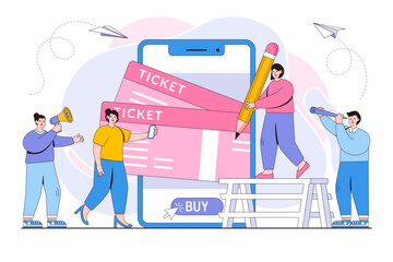 Vector illustration of buying tickets online through smartphone and printed schedule tickets from the phone with people characters