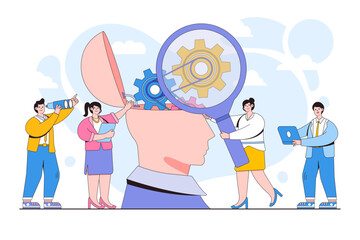 Vector illustration of search of thoughts, strategy analysis, business mechanism with people characters and gear head
