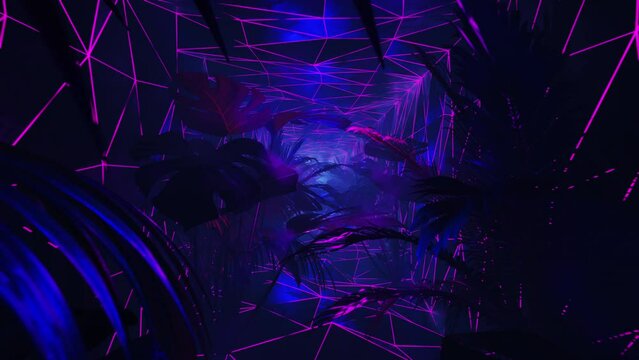 Purple and blue neon lights in a dark jungle with palm trees. Loop animation