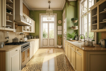 Modern cozy kitchen, classic interior design with pastel colors and animal leopard print. Super photo realistic background, generative ai illustration