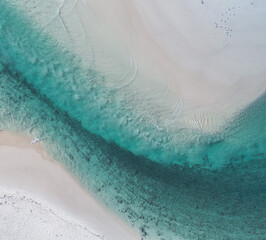 Aerial view of ocean patters with different depths, sand bar patterns and textures