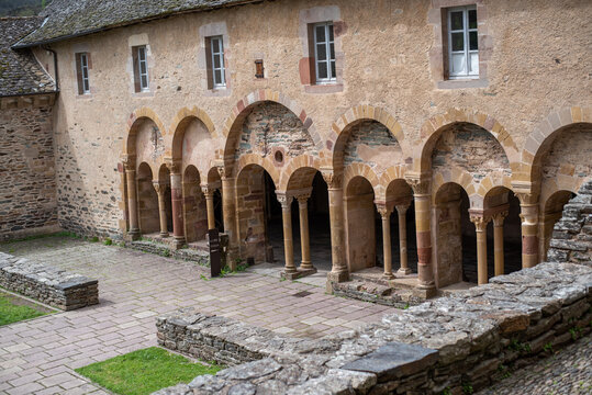 View of the village of Conques famous for its abbey showcasing Pierre Soulages's stained glass