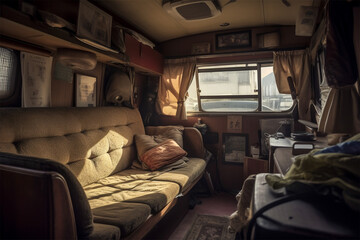 Retro caravan interior.Nobody.Created with generative ai - obrazy, fototapety, plakaty