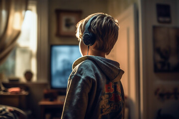 Fototapeta premium Boy listening to music with headphones in his room.Back view.Created with generative ai