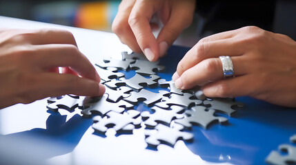 Adults assembling a puzzle. Concept of teamwork, helping people and companionship. Genertive ai.