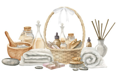 Fototapeta na wymiar Spa eco products and basket of cosmetics. Hand drawn watercolor illustration of body care toiletries on isolated white background. Drawing of skin care oils and soap. Natural beauty bath composition.