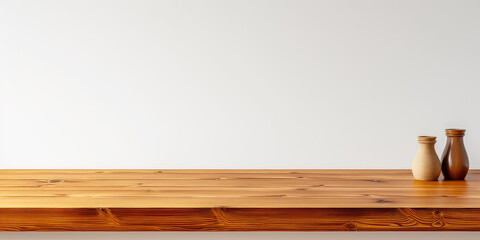 Wooden table template in simple nordic style, desk mock-up. White background wall, wooden showcase stage for product. Generative AI professional photo imitation.