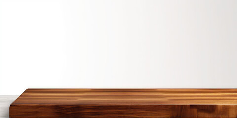Wooden table template, desk mock-up, minimalizm. White background wall, wooden showcase stage for product. Generative AI professional photo imitation.