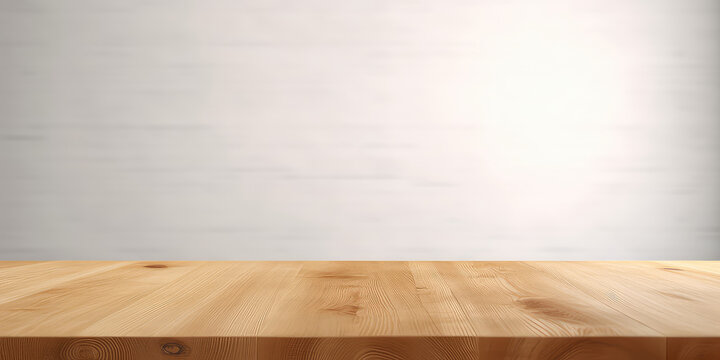Wooden empty table template, desk mock-up. White background wall, wooden showcase stage for product. Generative AI professional photo imitation.